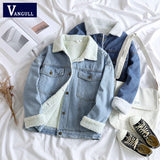 Vangull Spring Fur Jean Denim Jacket Women Winter Front Button Flap Pockets Blue Bomber Jacket Coat Fleece Lined Outwear 2019,