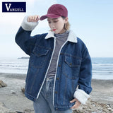Vangull Spring Fur Jean Denim Jacket Women Winter Front Button Flap Pockets Blue Bomber Jacket Coat Fleece Lined Outwear 2019,