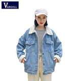 Vangull Spring Fur Jean Denim Jacket Women Winter Front Button Flap Pockets Blue Bomber Jacket Coat Fleece Lined Outwear 2019,