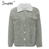 Simplee Casual autumn winter corduroy jacket women Lambs wool buttons female warm coats Pockets outwear ladies warm parkas 2019,