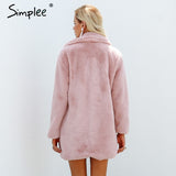 Simplee Elegant pink shaggy women faux fur coat streetwear Autumn winter warm plush teddy coat Female plus size overcoat party,