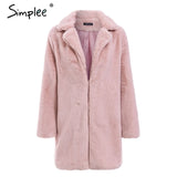 Simplee Elegant pink shaggy women faux fur coat streetwear Autumn winter warm plush teddy coat Female plus size overcoat party,